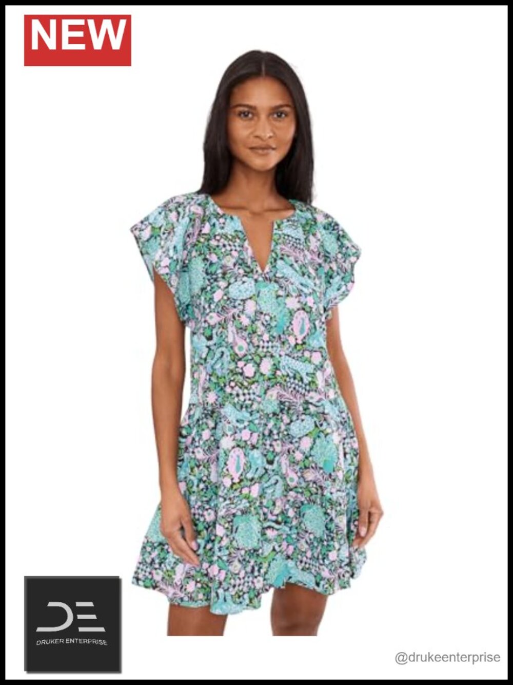 Women's Linen Swing Dress Tiered Notch Neckline Short Flutter Sleeves